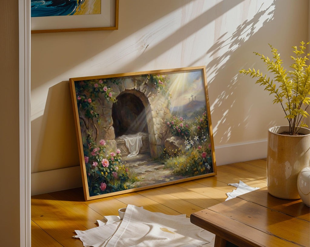 Resurrection Canvas Print, Empty Tomb Sunrise Painting, Christian Easter Decor, Floral Garden Home Poster
