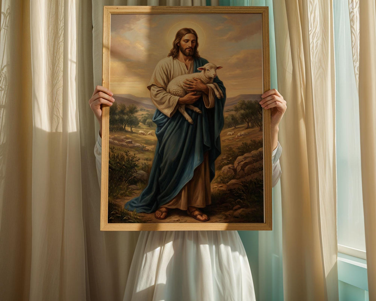 Good Shepherd Jesus Canvas Print, Christ Lamb Painting, Religious Home Decor Poster