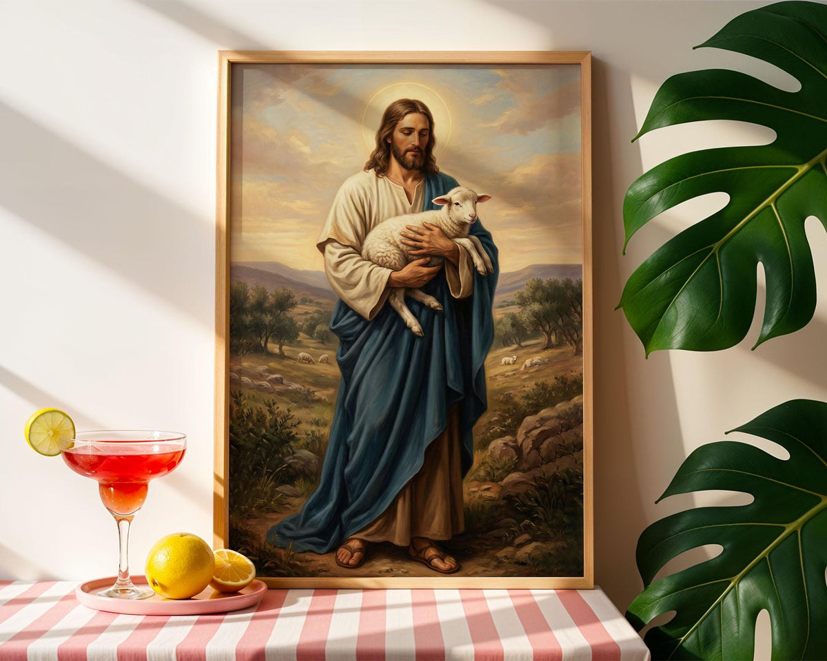 Good Shepherd Jesus Canvas Print, Christ Lamb Painting, Religious Home Decor Poster