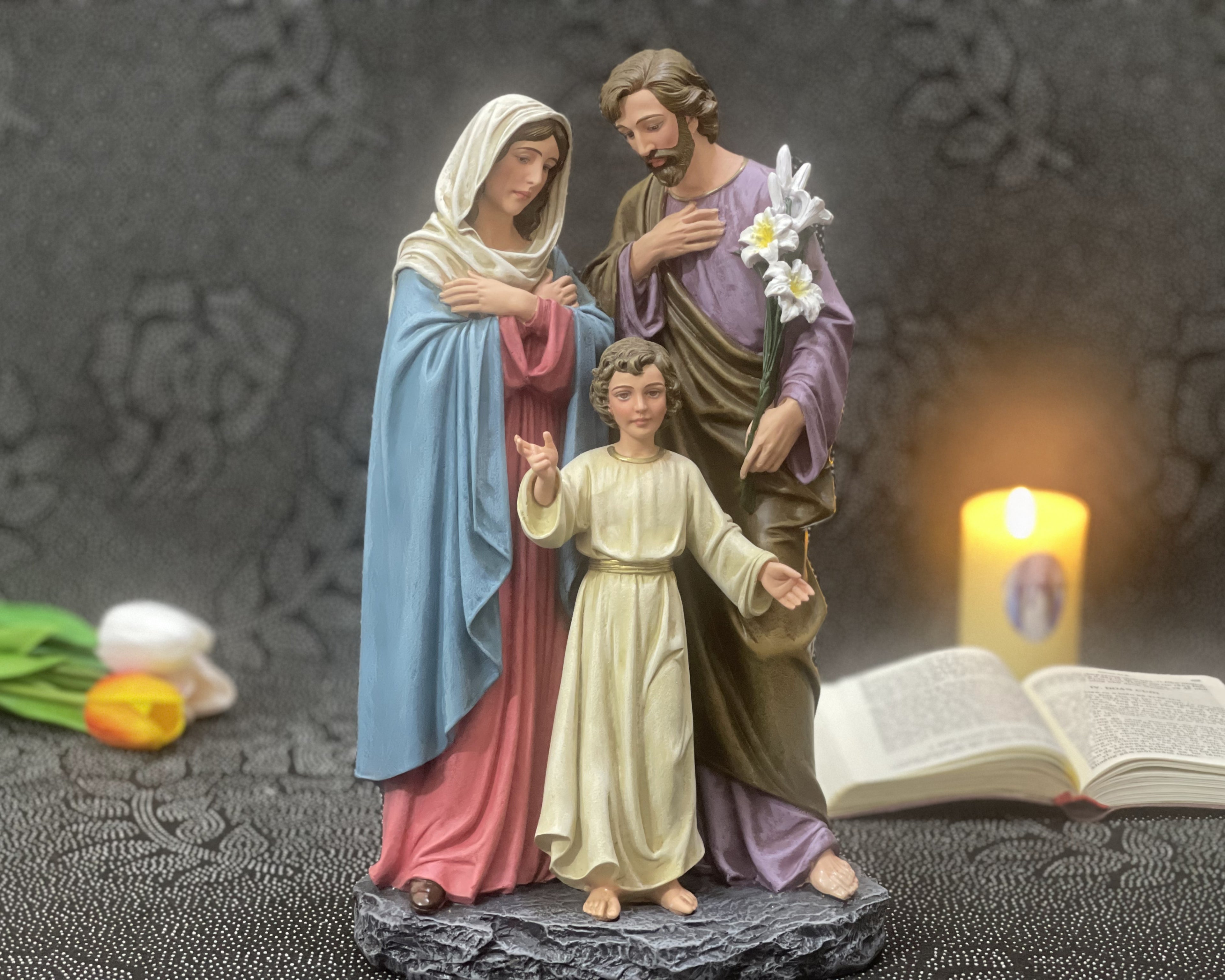 Hand-painted Holy Family statue with Jesus, Mary, and Saint Joseph for Catholic home altar