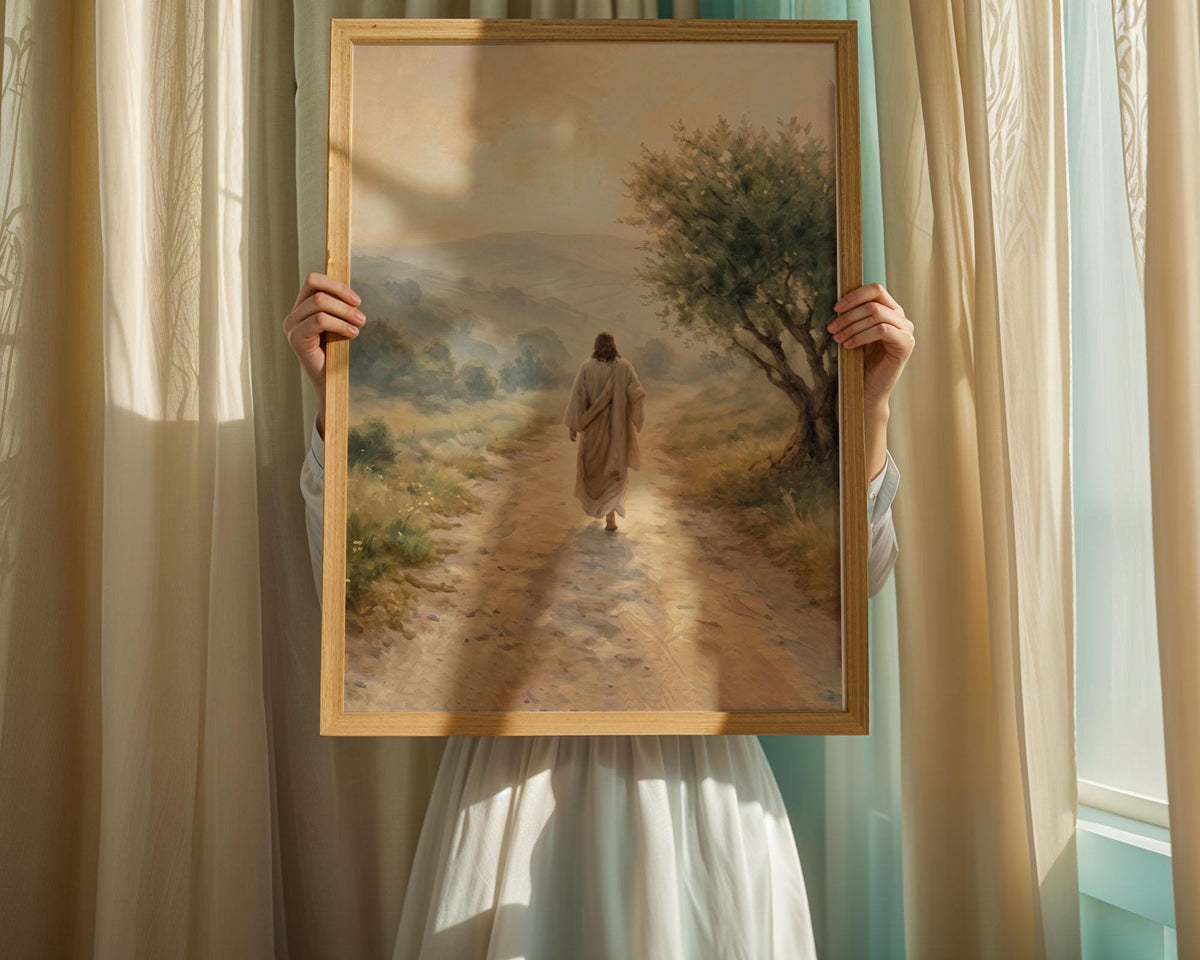 Jesus Walking Country Path Canvas Print, Peaceful Christian Faith Decor (Physical Product)