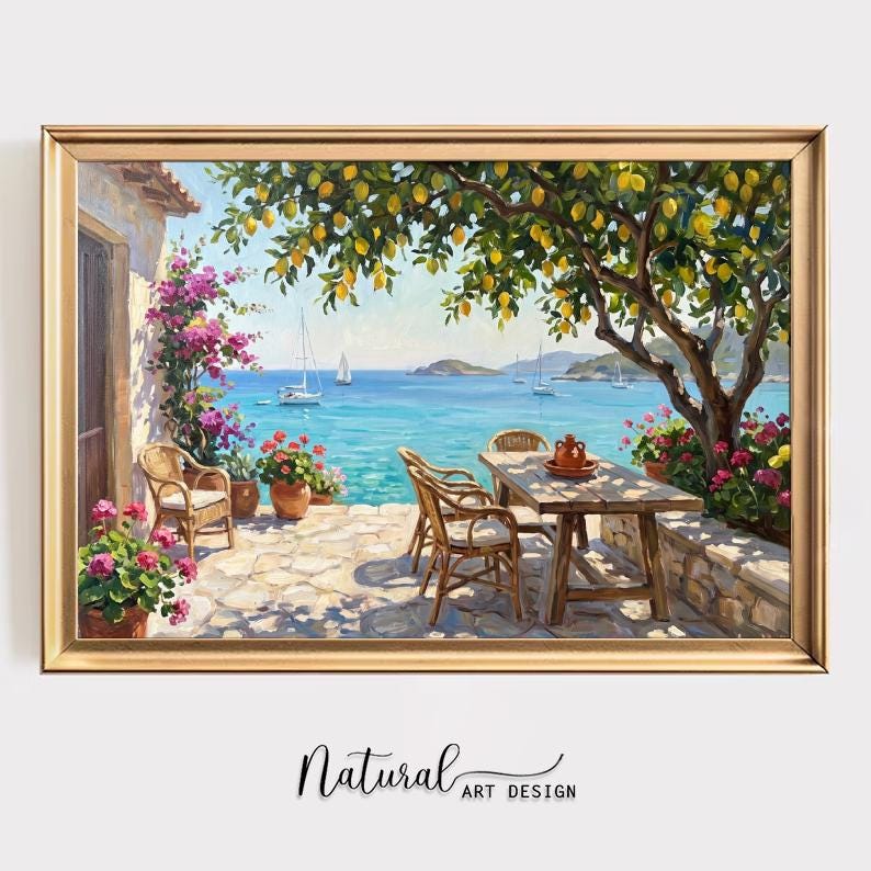 Amalfi Coast Lemon Tree Wall Art, Mediterranean Sea View Oil Painting, Italy Coastal Terrace Canvas, Summer Home Decor