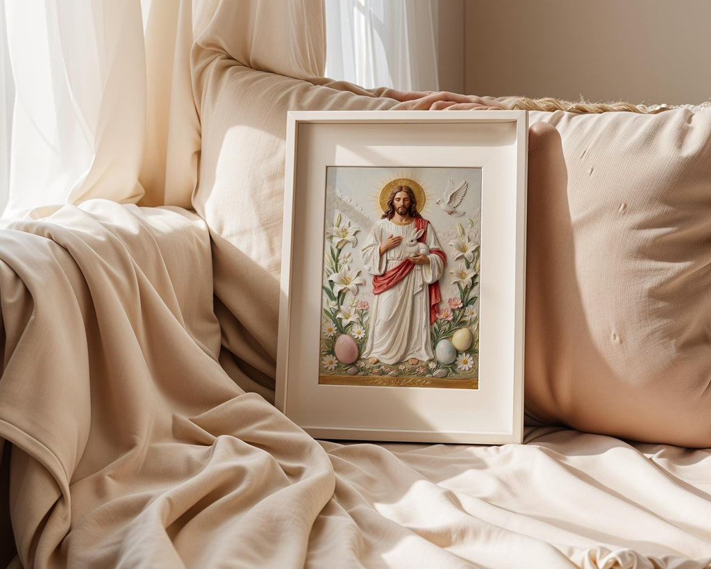 Jesus with Lamb, Lily & Dove – Art Print, Easter Gift