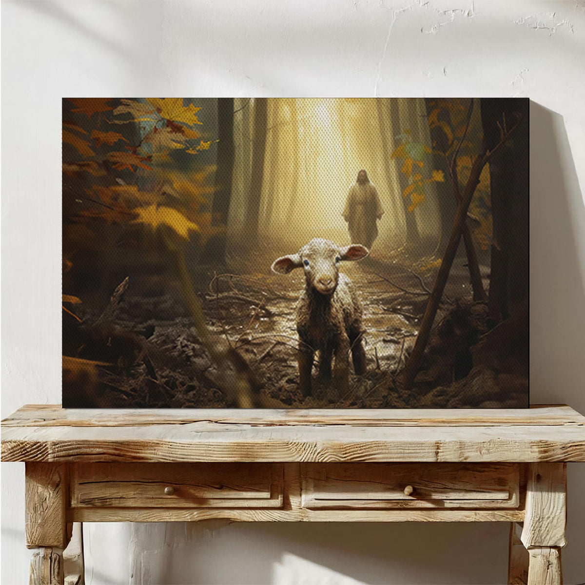 Lost Lamb Canvas Art: Jesus, Good Shepherd, Forest Light