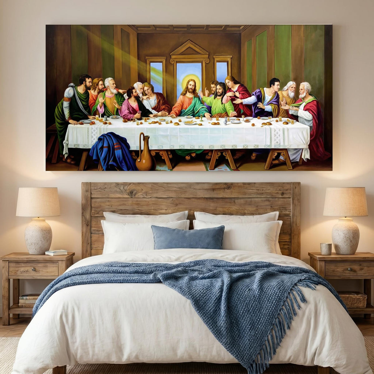 The Last Supper Canvas Wall Art, Panoramic Christian Decor, Jesus Christ & Twelve Apostles Large Religious Print