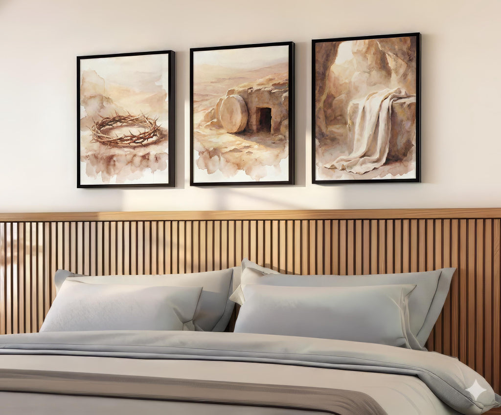 Christian Easter Wall Art Set, Crown of Thorns Empty Tomb Watercolor Prints