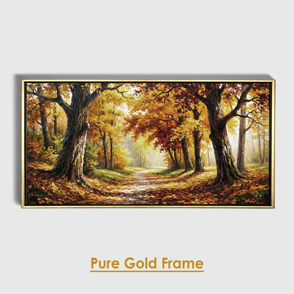 Autumn Forest Panoramic Oil Painting, Extra Wide Fall Landscape Canvas Print, Golden Tree Path Wall Art Decor