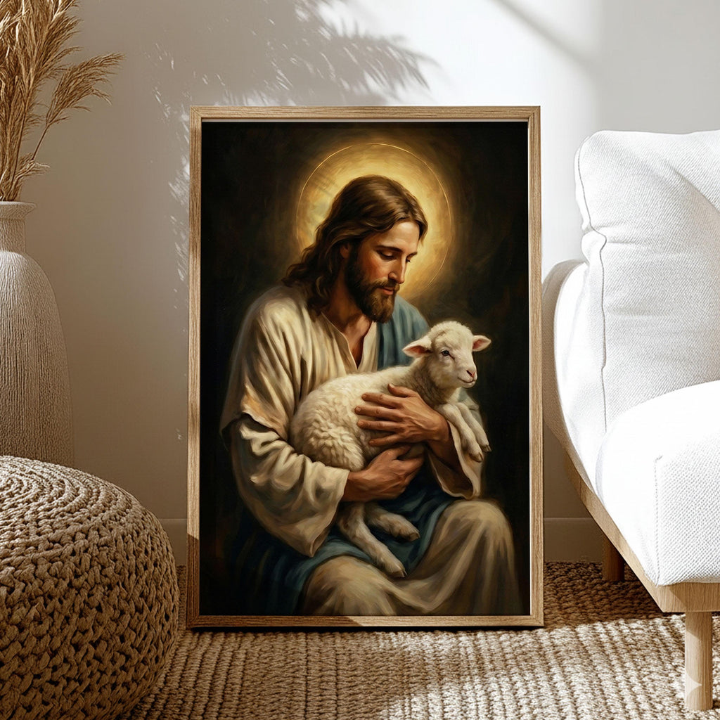 Good Shepherd Jesus Canvas Print, Christ Holding Lamb Painting, Religious Home Decor Poster