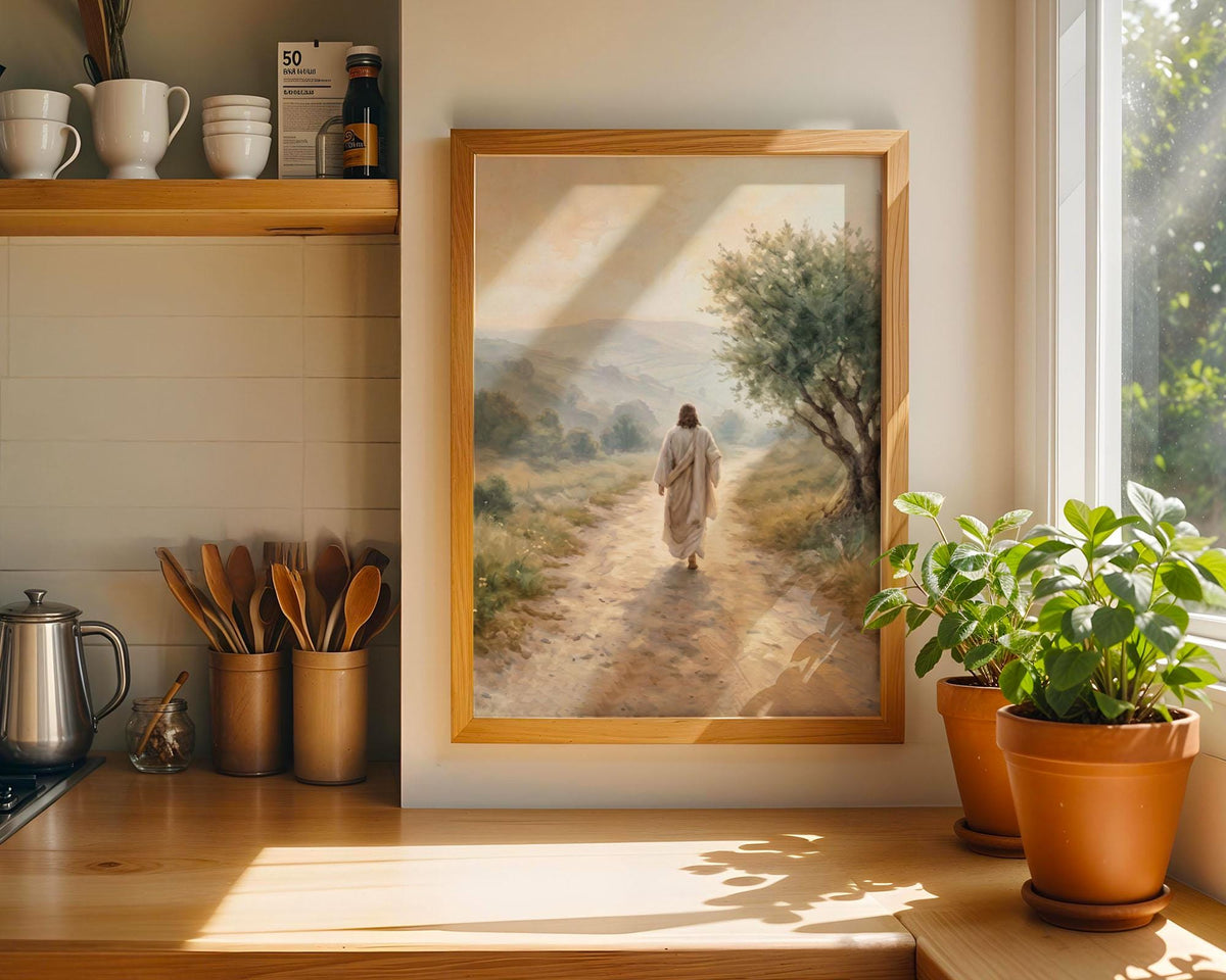 Jesus Walking Country Path Canvas Print, Peaceful Christian Faith Decor (Physical Product)