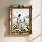 Jesus Walking with Child in Daisy Field Painting, Christian Wall Art, Religious Nursery Decor, Impasto Oil Canvas