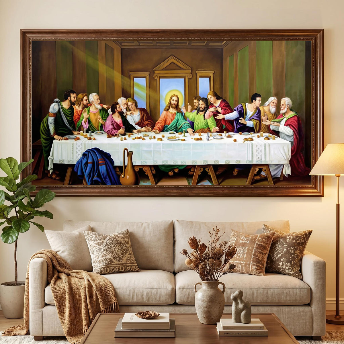 The Last Supper Canvas Wall Art, Panoramic Christian Decor, Jesus Christ & Twelve Apostles Large Religious Print