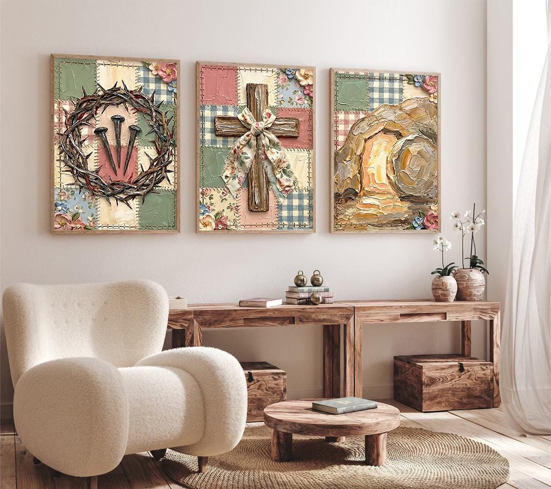 Rustic Christian Wall Art Set, Crown of Thorns Cross Tomb Canvas Prints
