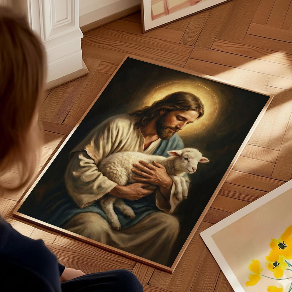 Good Shepherd Jesus Canvas Print, Christ Holding Lamb Painting, Religious Home Decor Poster