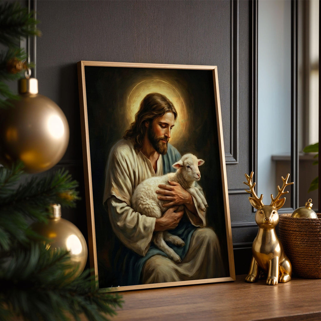 Good Shepherd Jesus Canvas Print, Christ Holding Lamb Painting, Religious Home Decor Poster