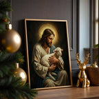 Good Shepherd Jesus Canvas Print, Christ Holding Lamb Painting, Religious Home Decor Poster