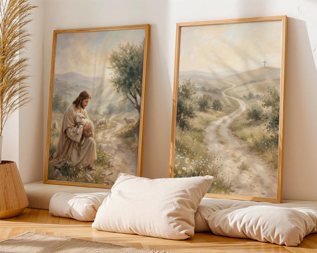 Jesus Triptych Canvas Art, Shepherd Lamb Painting, Christian Faith Decor, Neutral Beige Poster