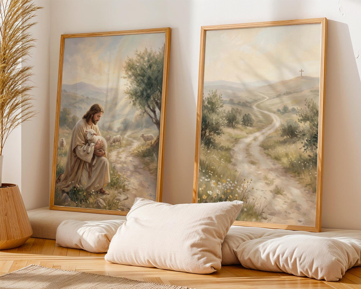 Jesus Triptych Canvas Art, Shepherd Lamb Painting, Christian Faith Decor, Neutral Beige Poster