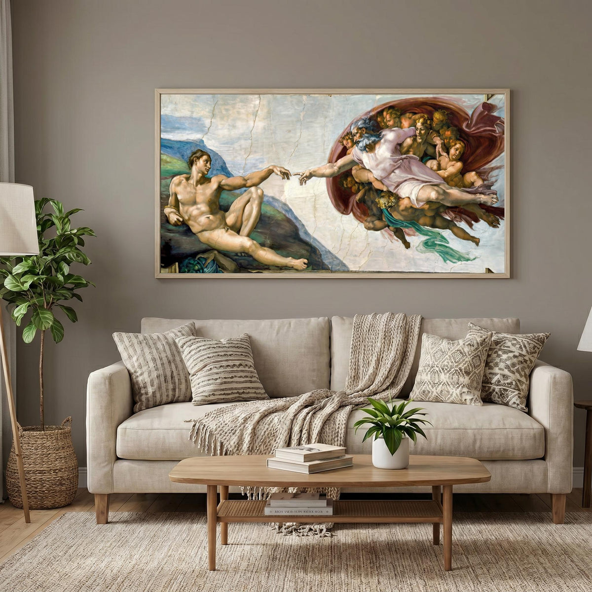 The Creation of Adam Panoramic Wall Art - Michelangelo Sistine Chapel Canvas Print - Large Renaissance Masterpiece