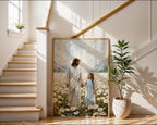 Jesus Walking with Child in Daisy Field Painting, Christian Wall Art, Religious Nursery Decor, Impasto Oil Canvas