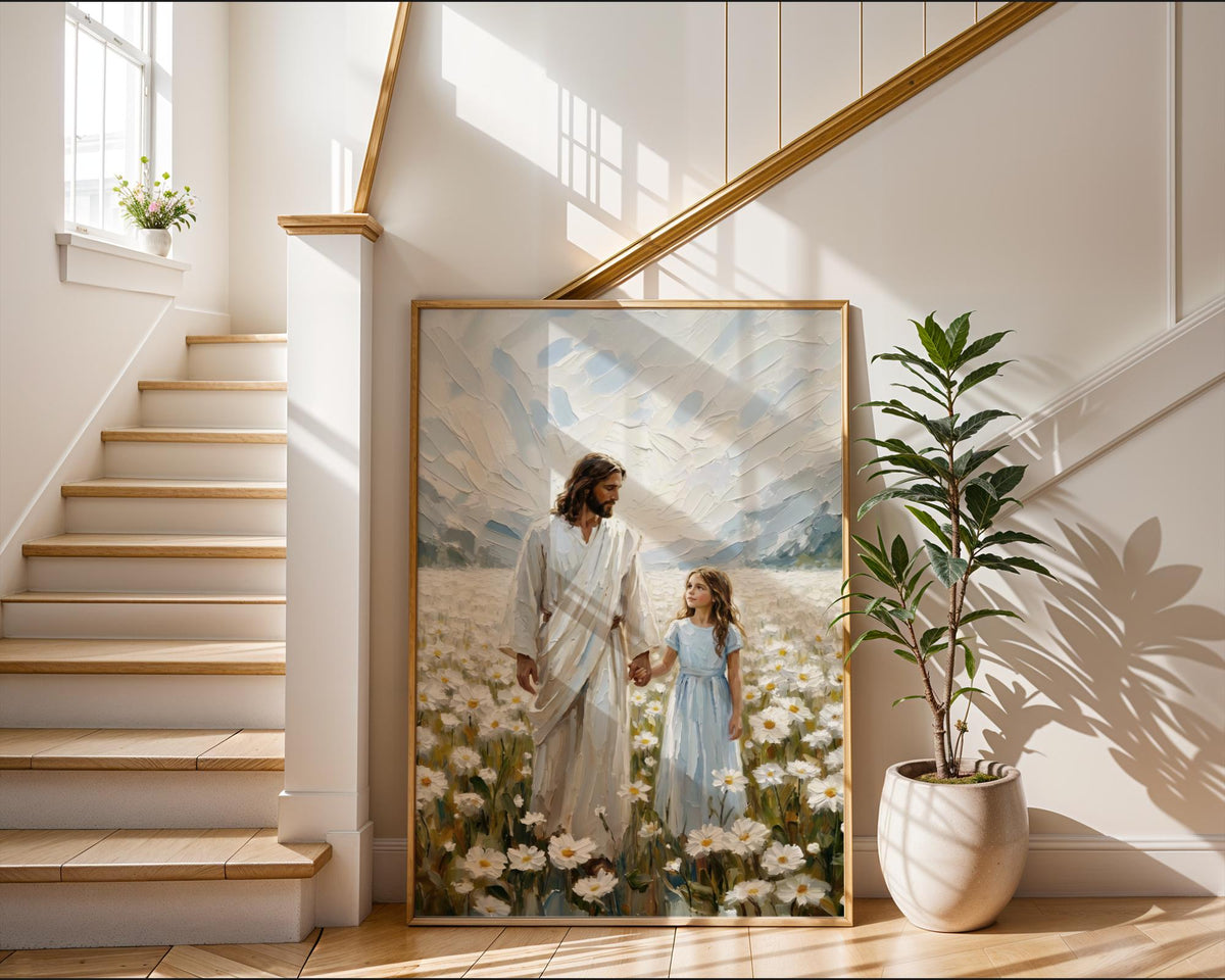 Jesus Walking with Child in Daisy Field Painting, Christian Wall Art, Religious Nursery Decor, Impasto Oil Canvas