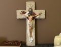 Hand-painted Holy Trinity wall crucifix with God the Father, Jesus Christ, and Holy Spirit dove