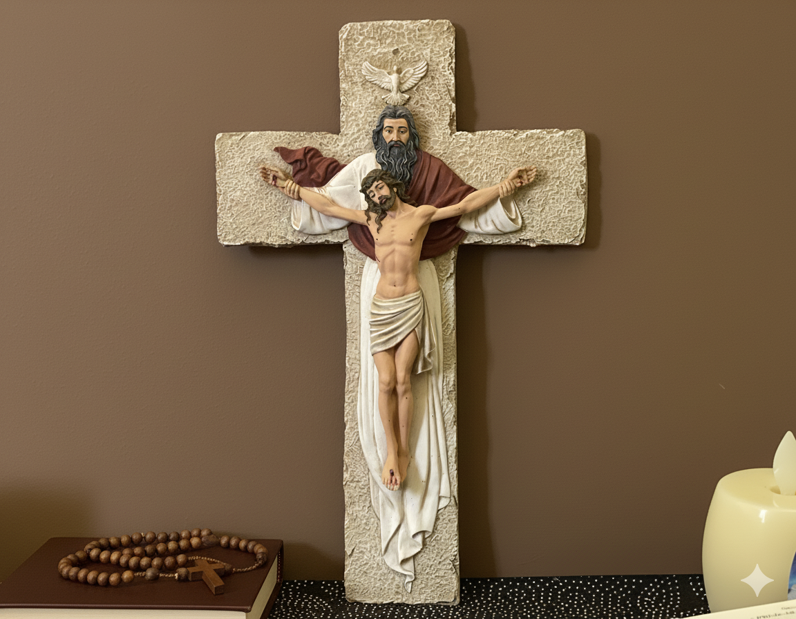 Hand-painted Holy Trinity wall crucifix with God the Father, Jesus Christ, and Holy Spirit dove