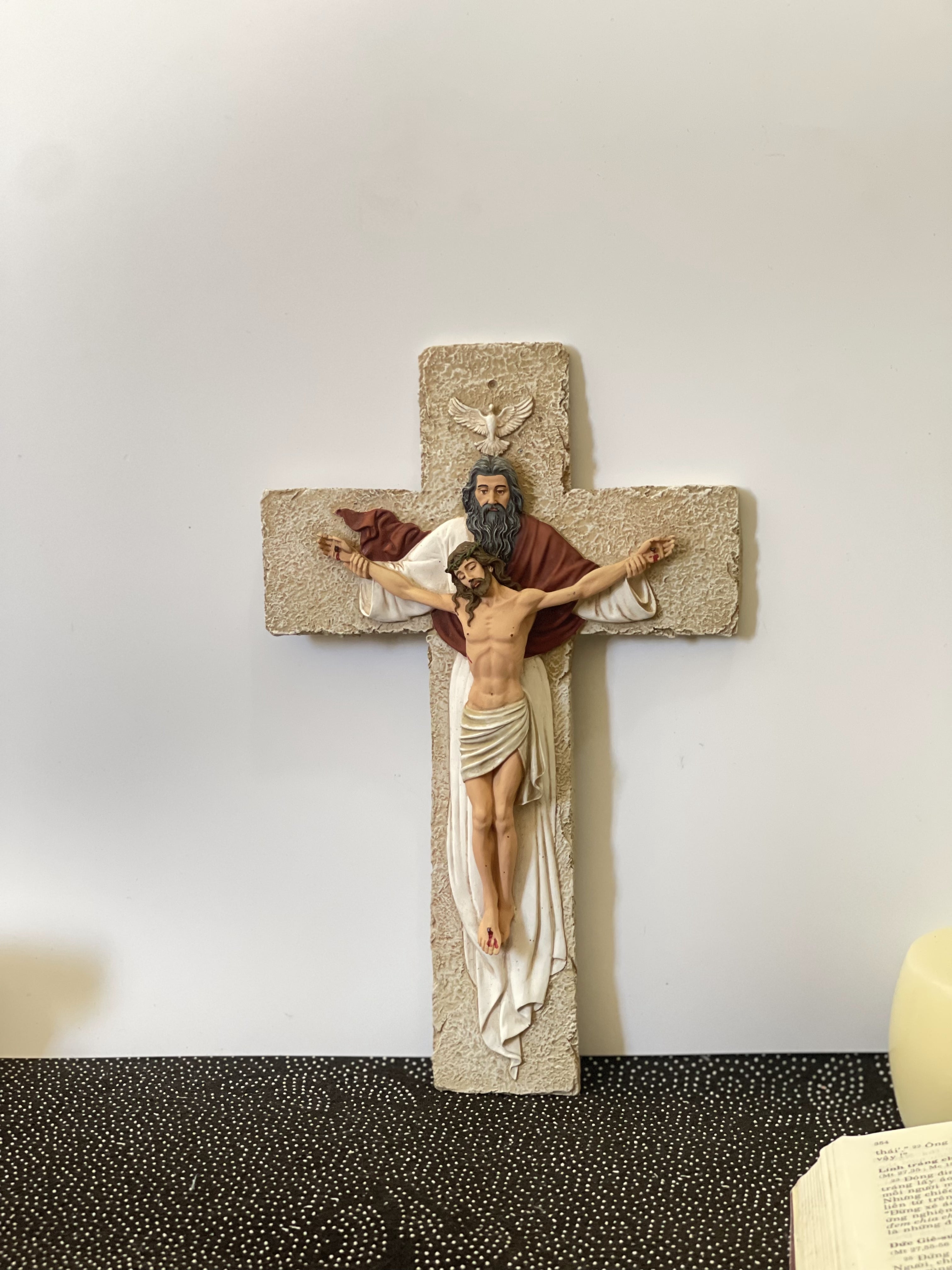 Hand-painted Holy Trinity wall crucifix with God the Father, Jesus Christ, and Holy Spirit dove