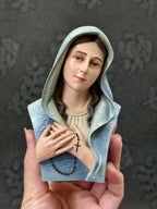 Mini hand-painted Blessed Virgin Mary bust statue with blue mantle, white veil, and rosary detail