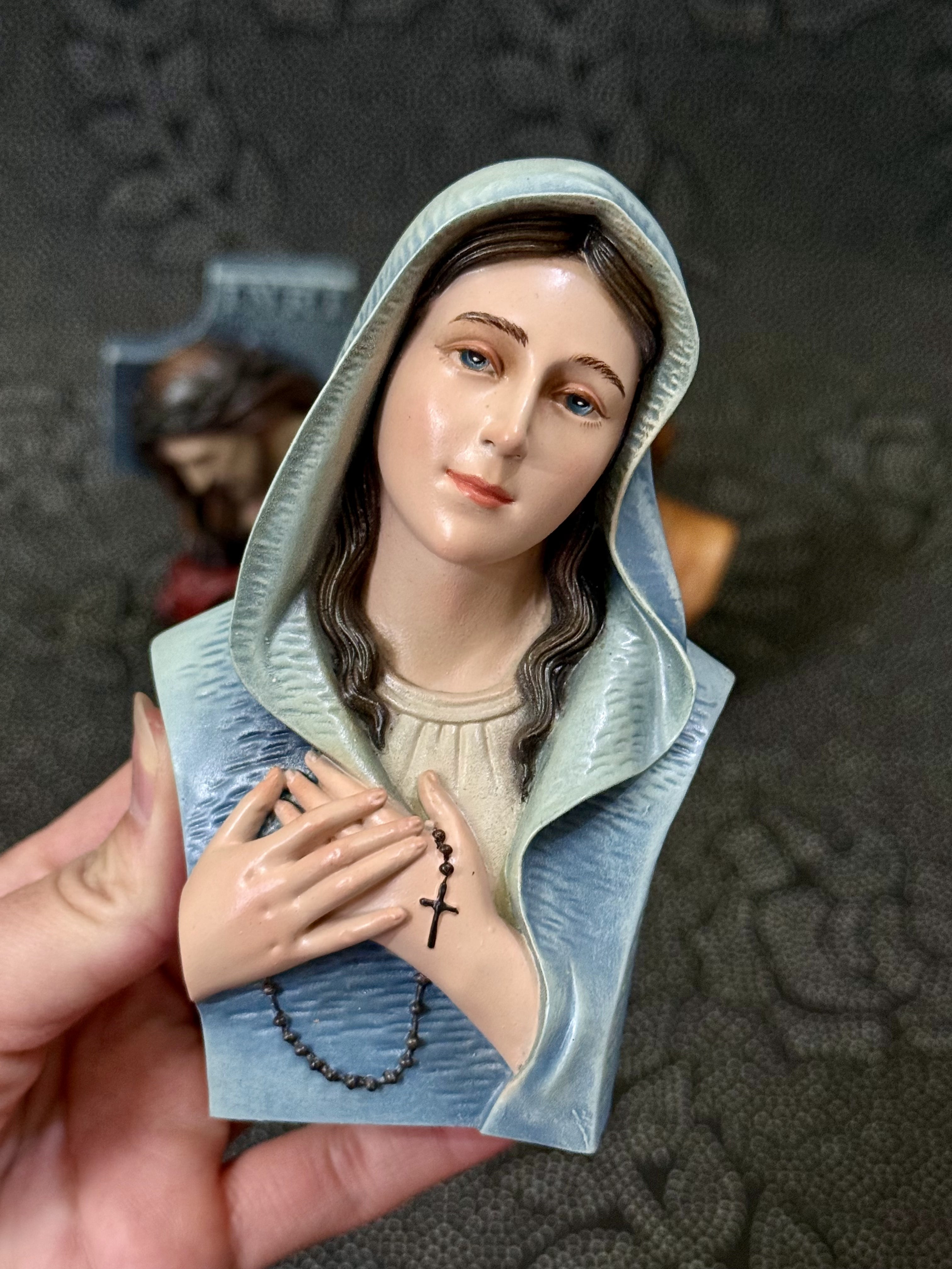 Mini hand-painted Blessed Virgin Mary bust statue with blue mantle, white veil, and rosary detail