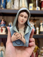 Mini hand-painted Blessed Virgin Mary bust statue with blue mantle, white veil, and rosary detail