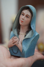 Mini hand-painted Blessed Virgin Mary bust statue with blue mantle, white veil, and rosary detail