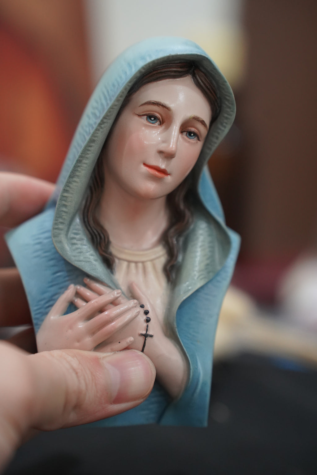 Mini hand-painted Blessed Virgin Mary bust statue with blue mantle, white veil, and rosary detail