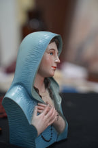 Mini hand-painted Blessed Virgin Mary bust statue with blue mantle, white veil, and rosary detail