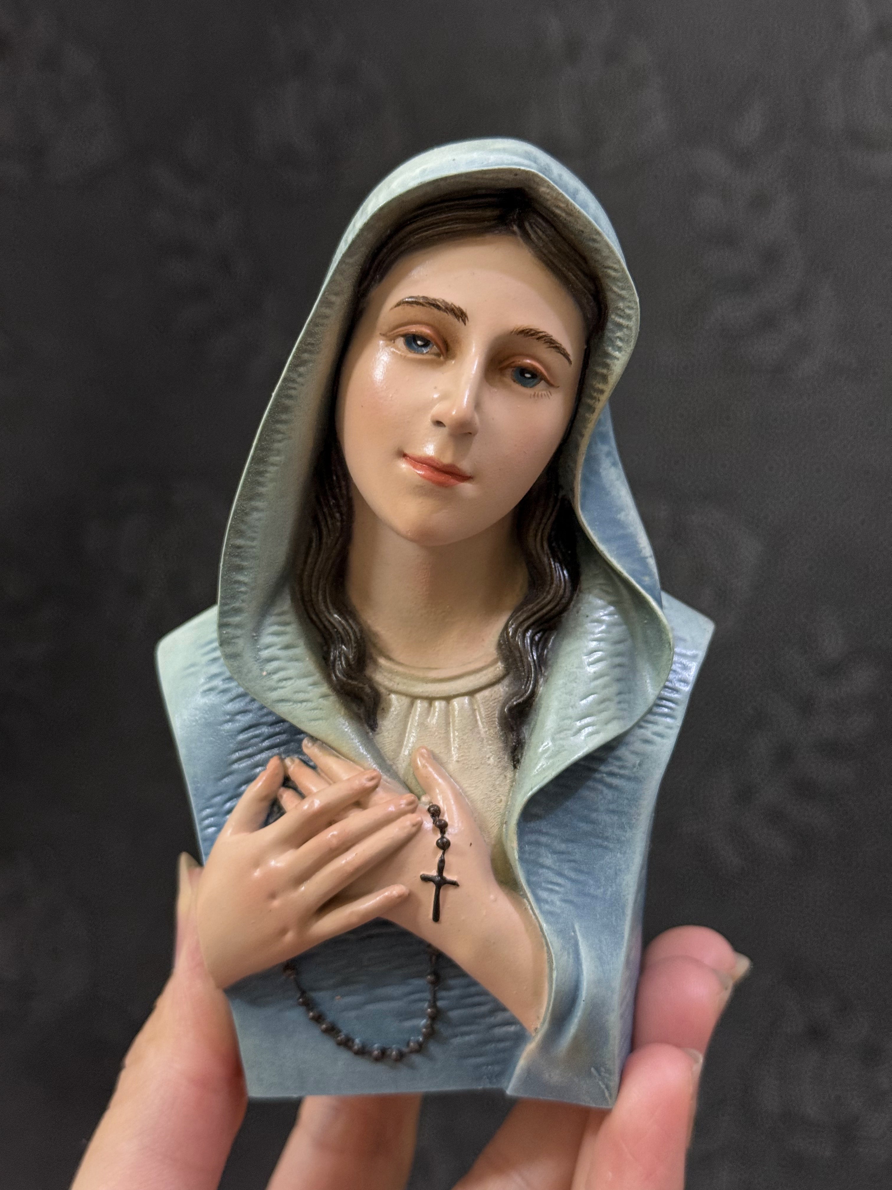 Mini hand-painted Blessed Virgin Mary bust statue with blue mantle, white veil, and rosary detail