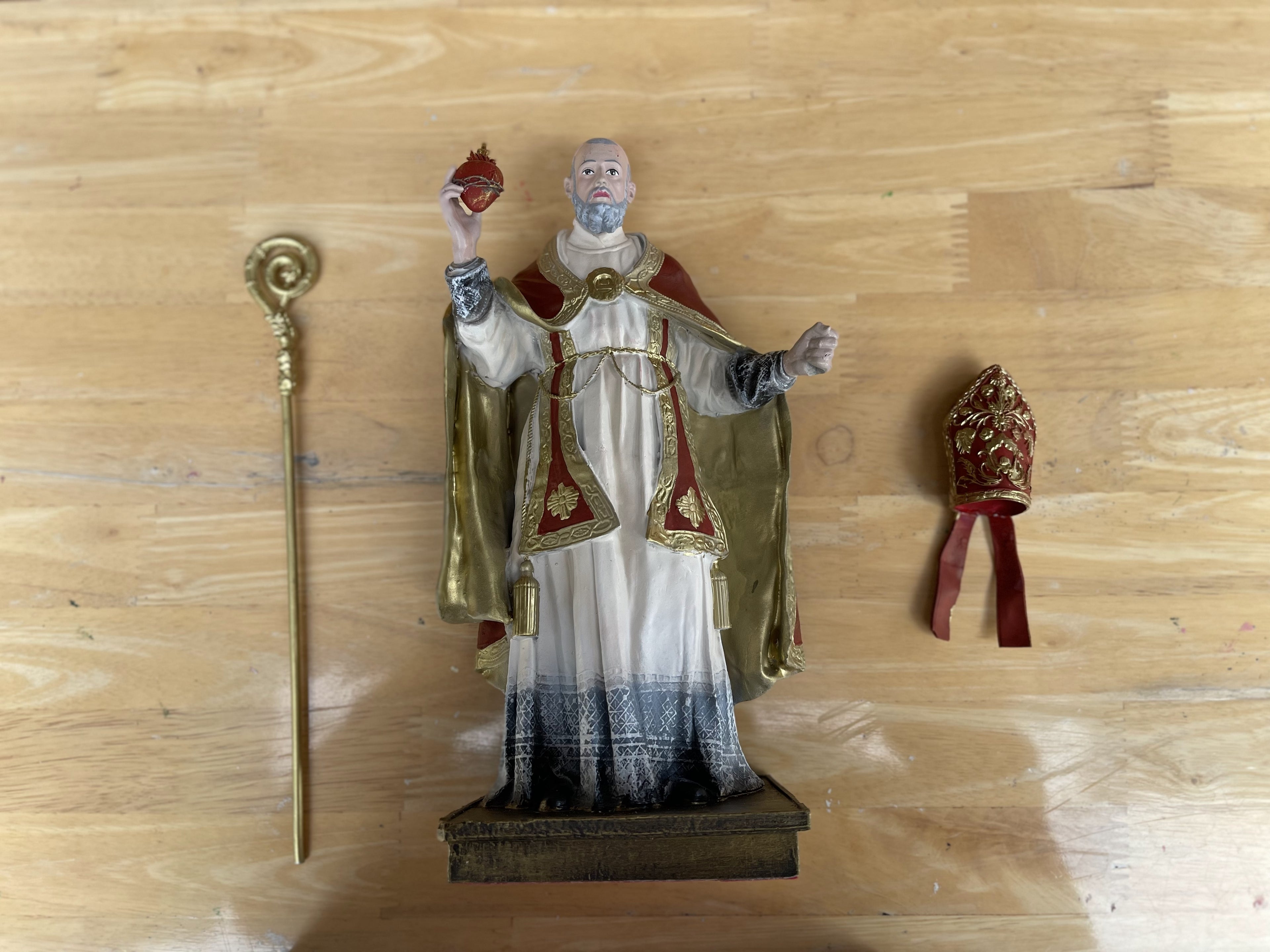 Hand-painted Saint Augustine of Hippo statue with mitre, crozier, and flaming heart