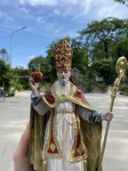Hand-painted Saint Augustine of Hippo statue with mitre, crozier, and flaming heart