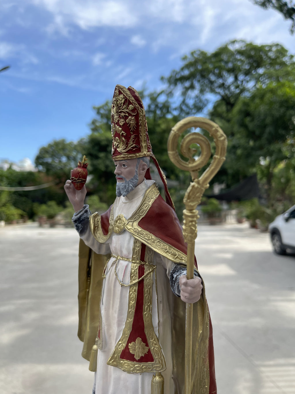 Hand-painted Saint Augustine of Hippo statue with mitre, crozier, and flaming heart
