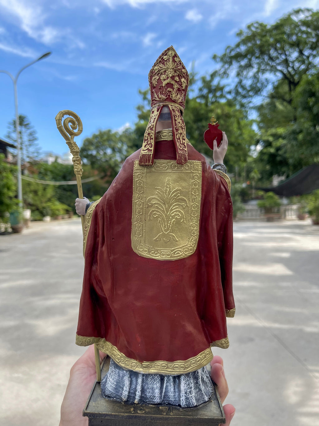 Hand-painted Saint Augustine of Hippo statue with mitre, crozier, and flaming heart
