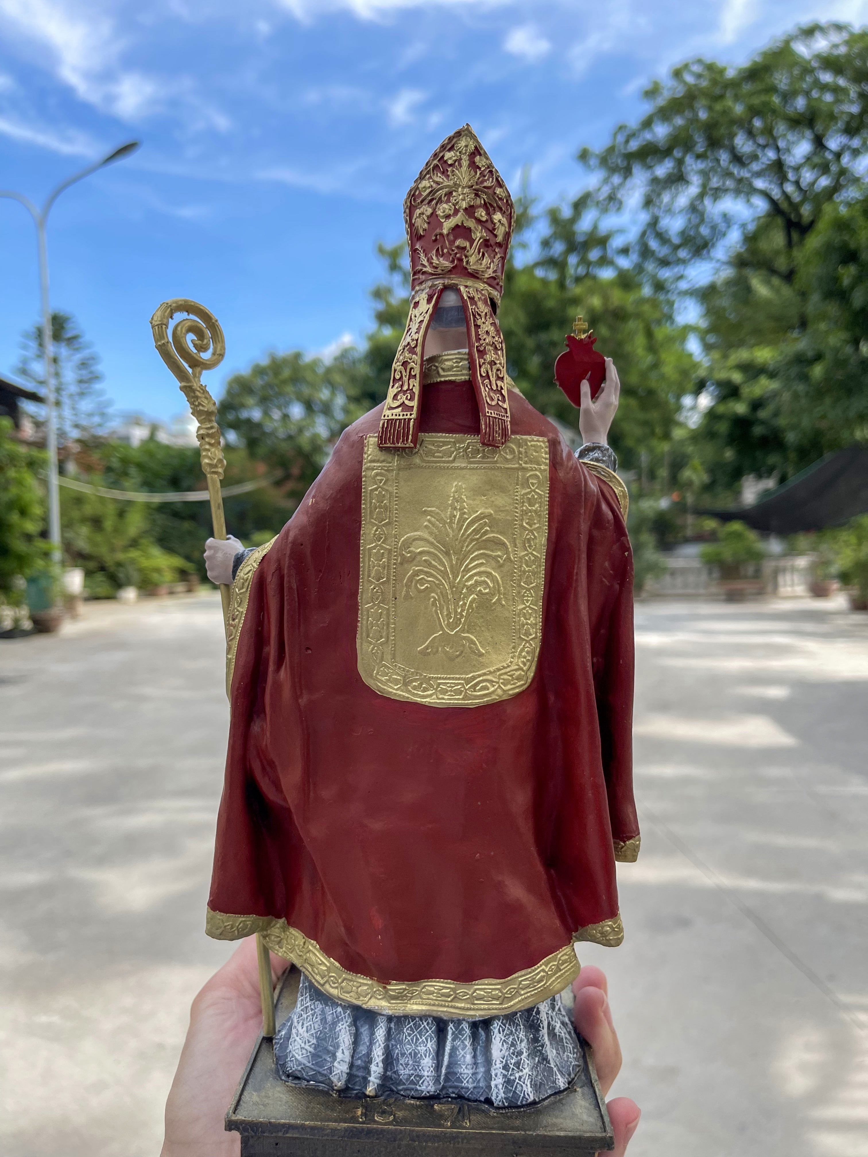 Hand-painted Saint Augustine of Hippo statue with mitre, crozier, and flaming heart