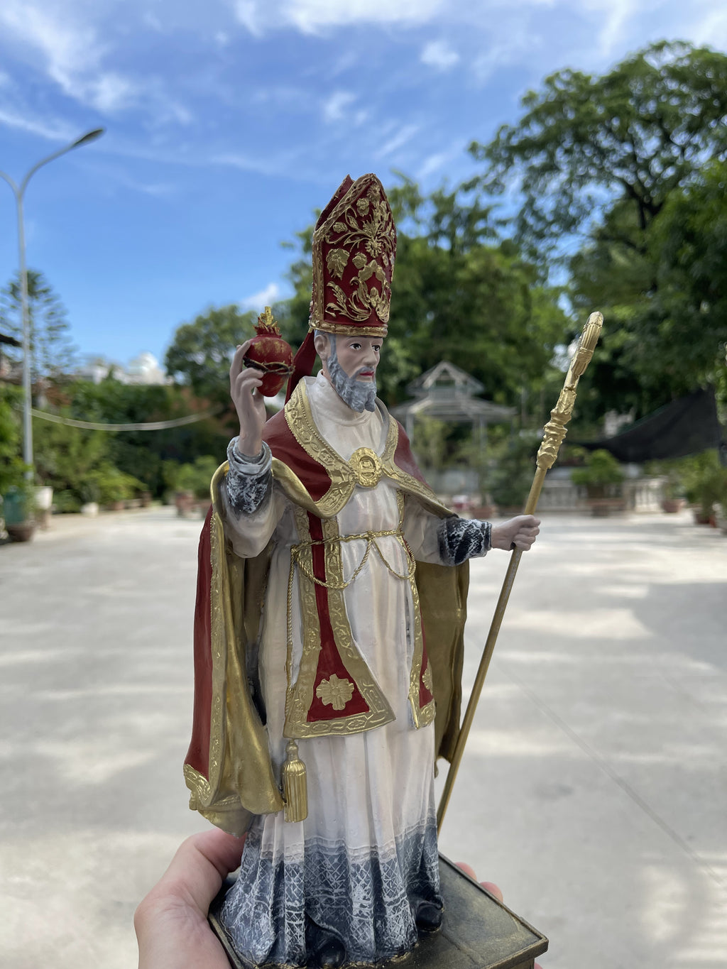 Hand-painted Saint Augustine of Hippo statue with mitre, crozier, and flaming heart