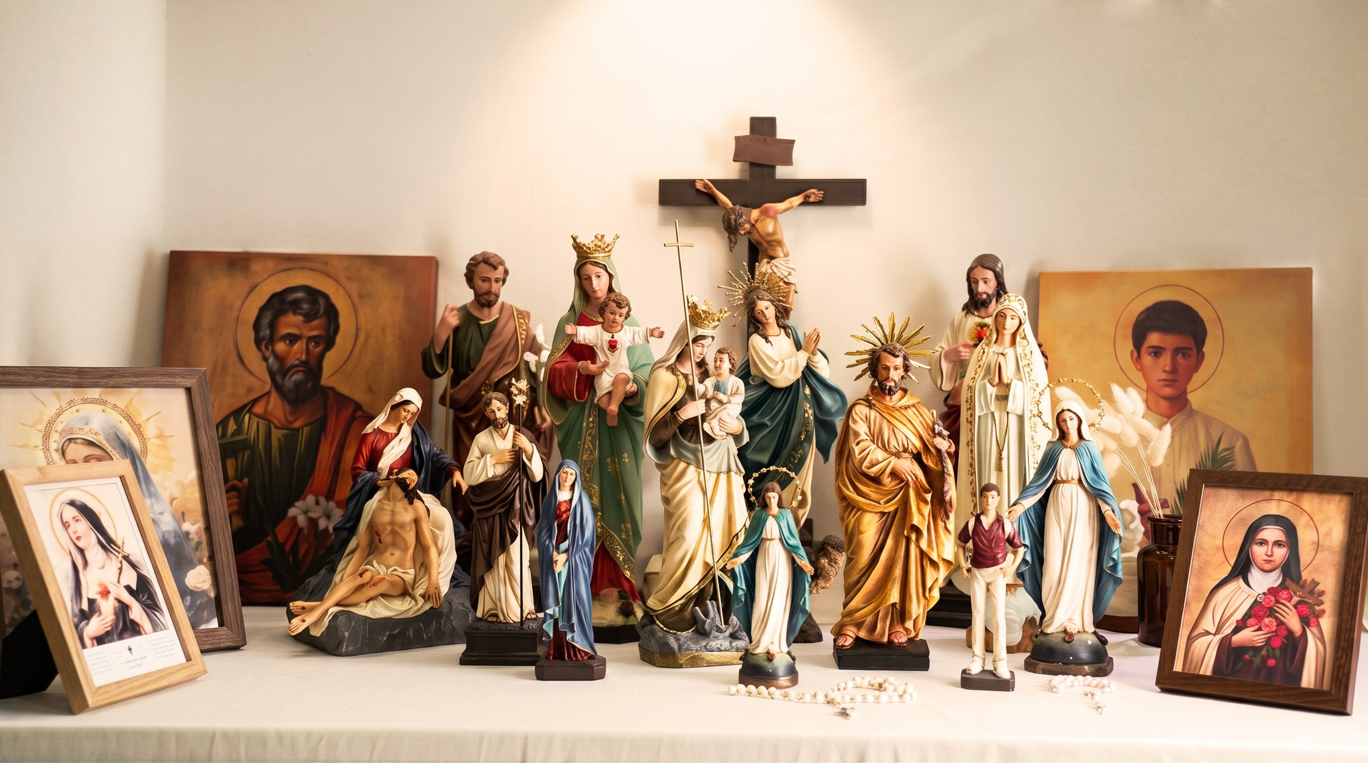 Hand-painted Catholic statues and icon prints gathered around a crucifix